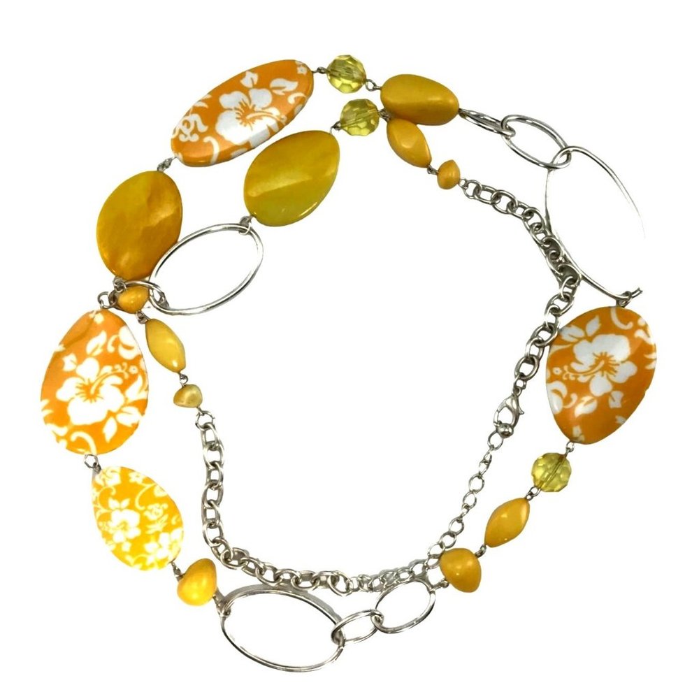 Whimsical Mod Yellow Lucite Bead ST Paper Clip Chain Necklace Hibiscus 1980s